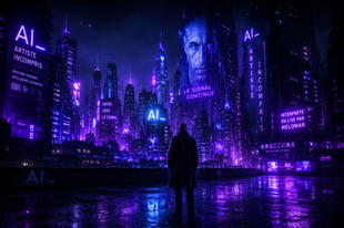 Avatar futuriste &eacute;motionnel de l'artiste AI_ sous la pluie n&eacute;on
